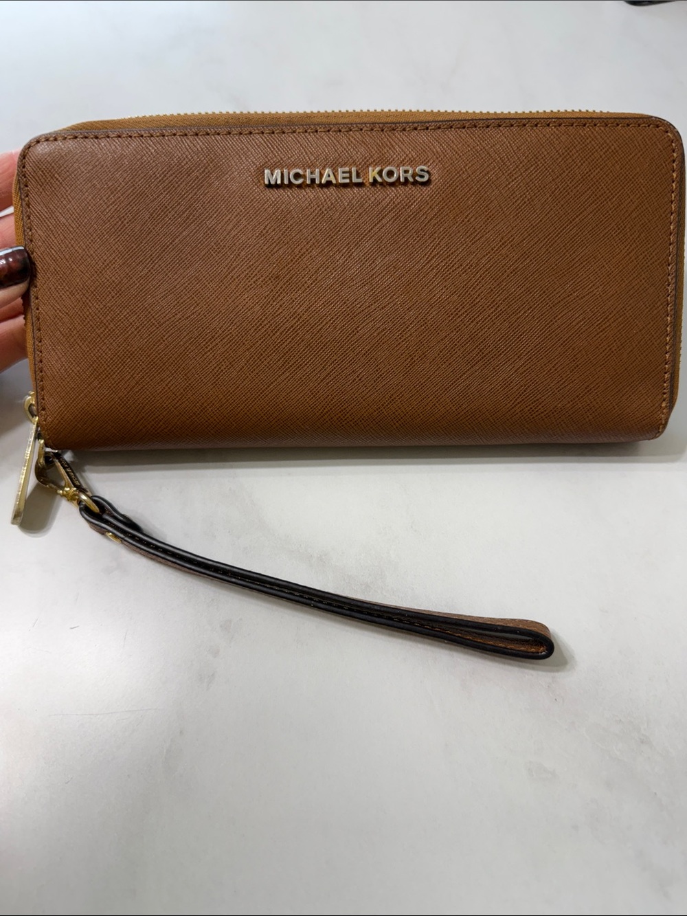Michael Kors Tan Brown Saffiano Zip-Around Wristlet